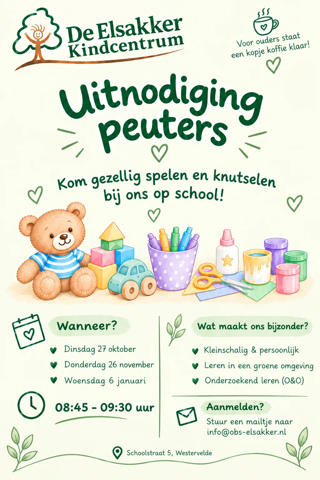 Uitnodiging peuters: kom gezellig spelen en knutselen bij ons op school. Dinsdag 27 oktober, donderdag 26 november en woensdag 6 januari, 08:45-09:30 uur, Schoolstraat 5, Westervelde.